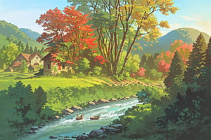 beautiful scenery of woods with small river and house in the distance during autem. the trees have brown red and green leaves. there is a small house in the distance with smoke comming out of its chimny