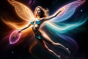 (master piece), (ultra-detailed), (perfect female body) Hyperrealist, fantasy art, photo realistic, dynamic lighting, artstation, poster, cinema vivid, 4k, 1woman, flying, cosmic space, aura body, energy body, wings, glowing breasts,