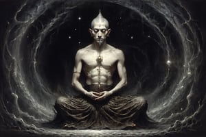 astrar body monk,monk doing zazen meditation
,back ground Lotus NEVULA, heightened  consciousness,other dimensions, ,Obsidian Enigma Art Style,