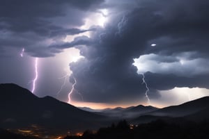 awe,mystery,presence of God, fear, divinity, 
bright sunny sky in broad daylight,
Lightning flashes from thick clouds, in olivine color,

Dense clouds fill the top of the mountain and an earthquake occurs.
multiple lightning flashes, lightning shines with 20.