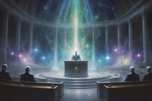 three Judges on podium, digital painting, ethereal, cosmic judgment, huge tribunal hall. 
The Judge, male, (cosmic star in eyes), calm, tough, glittering garment with colorful aura, sitting in judicial session in a cosmic hall of judgment, computer screens in front of him, other judges with him on podium, tribunal setting, a lot of ghost people watching, high_resolution, detailed 