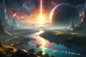 Littoral zone, , floor has a river , , sunset , sunlight with godrays, , lighting strikes, lighting strikes, lighting strikes, , big gas giant, earthlike planet, asteroid belts, ,
lush digital fantasy painting,EpicLand,DonMC3l3st14l3xpl0r3rsXL