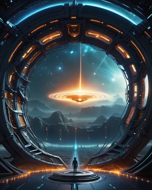 Imagine a composition that captures the essence of the unknown and the UFO universe. 
Start with a dark background, representing the mystery and depth of space. 
In the center of the image, create a luminous portal with soft contours, symbolizing the entrance to the unknown. 
Make the edges of the portal fluid and ethereal, as if they are merging with the surrounding cosmos. 
Inside the portal, incorporate elements such as stars, constellations, or nebulae to represent the vastness of space and the expanding universe. 
Add intriguing silhouettes of unidentified flying objects (UFOs) or spacecraft, suggesting the presence of extraterrestrial beings. 
To complement the image, insert the text "Gateway to the Unknown" in a modern and elegant font. 
Be sure to position the text in a balanced and readable way, ensuring that it stands out and is easily recognizable. 
Add subtle details of brightness or light to create an effect of fascination and attract the viewer's curiosity. 
,DonMM4ch1n3W0rldXL 
