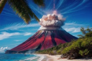 SITTING ON A HAWIAN tropical island BEACH , LOOKING OUT over THE beautiful blue sea, where  THERE is a big  VOLCANO  eruPTING  RED LARVA FIREING OUT OF ITS TOP, large waves, water splashing, summer blue Sky, beautiful BLUE WAVES ROLLING IN ON THE BEACH, 