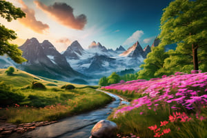 (best quality, 8K, ultra-detailed, masterpiece), (cinematic, photorealistic), Craft an awe-inspiring 8K landscape masterpiece that showcases the breathtaking beauty of nature. The scene should be cinematic in scope, with every detail meticulously rendered for photorealism. Ensure that the landscape is ultra-detailed, capturing the intricacies of every element in the composition, from the terrain to the foliage. Let this artwork transport the viewer into a world of natural wonder, where they can immerse themselves in the splendor of the outdoors.