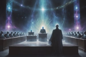 three Judges on podium, digital painting, ethereal, cosmic judgment, huge tribunal hall. 
The Judge, male, (cosmic star in eyes), calm, tough, glittering garment with colorful aura, sitting in judicial session in a cosmic hall of judgment, computer screens in front of him, other judges with him on podium, tribunal setting, a lot of ghost people watching, high_resolution, detailed 