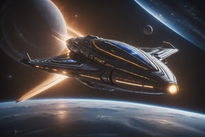 4k,intricate detail,wallpaper,colorful Light,(masterpiece),absurdres,
"Create a detailed and realistic depiction of a space lightspeed, starship, focusing on its iconic wave motion gun, sleek hull design, and the cosmic backdrop, capturing the essence of its interstellar voyage,
,Renaissance Sci-Fi Fantasy,High Renaissance,Sci-Fi,Starship