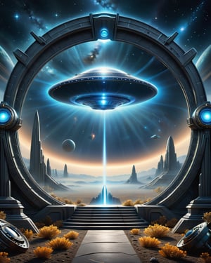 Imagine a composition that captures the essence of the unknown and the UFO universe. 
Start with a dark background, representing the mystery and depth of space. 
In the center of the image, create a luminous portal with soft contours, symbolizing the entrance to the unknown. 
Make the edges of the portal fluid and ethereal, as if they are merging with the surrounding cosmos. 
Inside the portal, incorporate elements such as stars, constellations, or nebulae to represent the vastness of space and the expanding universe. 
Add intriguing silhouettes of unidentified flying objects (UFOs) or spacecraft, suggesting the presence of extraterrestrial beings. 
To complement the image, insert the text "Gateway to the Unknown" in a modern and elegant font. 
Be sure to position the text in a balanced and readable way, ensuring that it stands out and is easily recognizable. 
Add subtle details of brightness or light to create an effect of fascination and attract the viewer's curiosity. 
,DonMR3mn4ntsXL 