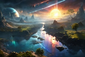 Littoral zone, , floor has a river , , sunset , sunlight with godrays, , lighting strikes, lighting strikes, lighting strikes, , big gas giant, earthlike planet, asteroid belts, ,
lush digital fantasy painting,EpicLand,DonMC3l3st14l3xpl0r3rsXL