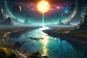 Littoral zone, , floor has a river , , sunset , sunlight with godrays, , lighting strikes, lighting strikes, lighting strikes, , big gas giant, earthlike planet, asteroid belts, ,
lush digital fantasy painting,EpicLand,DonMC3l3st14l3xpl0r3rsXL