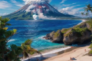 SITTING ON A HAWIAN tropical island BEACH , LOOKING OUT over THE beautiful blue sea, where  THERE is a big  VOLCANO  eruPTING  RED LARVA FIREING OUT OF ITS TOP, large waves, water splashing, summer blue Sky, beautiful BLUE WAVES ROLLING IN ON THE BEACH, 