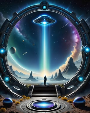 Imagine a composition that captures the essence of the unknown and the UFO universe. 
Start with a dark background, representing the mystery and depth of space. 
In the center of the image, create a luminous portal with soft contours, symbolizing the entrance to the unknown. 
Make the edges of the portal fluid and ethereal, as if they are merging with the surrounding cosmos. 
Inside the portal, incorporate elements such as stars, constellations, or nebulae to represent the vastness of space and the expanding universe. 
Add intriguing silhouettes of unidentified flying objects (UFOs) or spacecraft, suggesting the presence of extraterrestrial beings. 
To complement the image, insert the text "Gateway to the Unknown" in a modern and elegant font. 
Be sure to position the text in a balanced and readable way, ensuring that it stands out and is easily recognizable. 
Try using mysterious colors, such as deep blue, purple, or dark green tones, to convey an enigmatic atmosphere. 
Add subtle details of brightness or light to create an effect of fascination and attract the viewer's curiosity. 
,DonMR3mn4ntsXL 