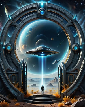 Imagine a composition that captures the essence of the unknown and the UFO universe. 
Start with a dark background, representing the mystery and depth of space. 
In the center of the image, create a luminous portal with soft contours, symbolizing the entrance to the unknown. 
Make the edges of the portal fluid and ethereal, as if they are merging with the surrounding cosmos. 
Inside the portal, incorporate elements such as stars, constellations, or nebulae to represent the vastness of space and the expanding universe. 
Add intriguing silhouettes of unidentified flying objects (UFOs) or spacecraft, suggesting the presence of extraterrestrial beings. 
To complement the image, insert the text "Gateway to the Unknown" in a modern and elegant font. 
Be sure to position the text in a balanced and readable way, ensuring that it stands out and is easily recognizable. 
Add subtle details of brightness or light to create an effect of fascination and attract the viewer's curiosity. 
,DonMR3mn4ntsXL 