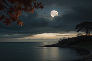 Gloomy weather showing the moon over the sea with tree leaves overlooking the side of the water