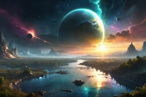 Littoral zone, , floor has a river , , sunset , sunlight with godrays, , lighting strikes, lighting strikes, lighting strikes, , big gas giant, earthlike planet, asteroid belts, ,
lush digital fantasy painting,EpicLand,DonMC3l3st14l3xpl0r3rsXL