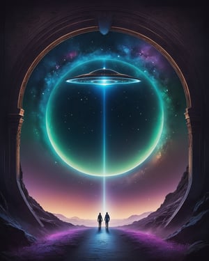 Imagine a composition that captures the essence of the unknown and the UFO universe. 
Start with a dark background, representing the mystery and depth of space. 
In the center of the image, create a luminous portal with soft contours, symbolizing the entrance to the unknown. 
Make the edges of the portal fluid and ethereal, as if they are merging with the surrounding cosmos. 
Inside the portal, incorporate elements such as stars, constellations, or nebulae to represent the vastness of space and the expanding universe. 
Add intriguing silhouettes of unidentified flying objects (UFOs) or spacecraft, suggesting the presence of extraterrestrial beings. 
To complement the image, insert the text "Gateway to the Unknown" in a modern and elegant font. 
Be sure to position the text in a balanced and readable way, ensuring that it stands out and is easily recognizable. 
Try using mysterious colors, such as deep blue, purple, or dark green tones, to convey an enigmatic atmosphere. 
Add subtle details of brightness or light to create an effect of fascination and attract the viewer's curiosity. 
