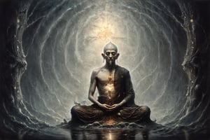 astrar body monk,monk doing zazen meditation
,back ground Lotus NEVULA, heightened  consciousness,other dimensions, ,Obsidian Enigma Art Style,