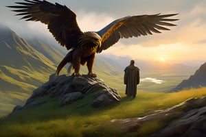realistic,solo,(masterpiece:0.7),best quality,finely detailed skin,good hand,4k,high-res,masterpiece, dynamic pose, perfect artwork, death stranding praire landscape with sunrise mountains in the side background and Franciscan friar touching the head of a massive griffin, the griffin is like the ones from the chronicles of Narnia (half lion, half American bold eagle), Hawaii landscape, landscape,  (masterpiece), perfect artwork, scenery, survival, perfect architecture, after rain, misty, overcast lighting, 8k, dreamy haze, highly detailed, high resolution, ( very detailed background, detailed green grass),painting by Leonardo DaVinci, 4 feet green grass, rocks