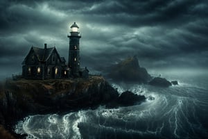 masterpeace, best quality, extremely detailed, 4k, scary setting, fog, haunted, horror, dark scenery, dimly lit, Illustrate a desolate and stormy coastline with a haunted lighthouse that guides lost souls to their doom, its beacon shining with an eerie spectral light, detailmaster2, HellAI, DonMn1ghtm4reXL