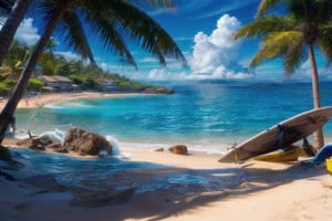 SITTING ON A HAWIAN tropical island BEACH , LOOKING OUT AT THE beautiful blue Meryl, surfing, large waves, water splashing, summer blue Sky, beautiful BLUE WAVES ROLLING IN ON THE BEACH, water, waves, ocean, 
