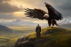 realistic, solo,(masterpiece:0.7), best quality, finely detailed skin, good hand,4k,high-res, masterpiece, dynamic pose, perfect artwork, death stranding prairie landscape with sunrise mountains in the side background and Franciscan friar touching the head of a massive griffin, the griffin With WINGS SPREAD , is like the ones from the chronicles of Narnia (half lion, half American bold eagle), Hawaii landscape, landscape,  (masterpiece), perfect artwork, scenery, survival, perfect architecture, after rain, misty, overcast lighting, 8k, dreamy haze, highly detailed, high resolution, ( very detailed background, detailed green grass), painting by Leonardo DaVinci, 4 feet green grass, rocks