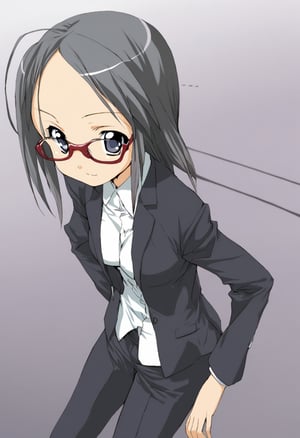 1girl,
,masterpiece, best quality, oldest,anime,

 1girl, (suit:1.3) (forehead:1.3), cute, medium breasts, , petite, , glasses,
, closed mouth smile
