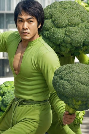 (photorealistic:1.4),  ( thin macho:1.5) broccoli man,  personification,  (People of the colour of broccoli:1.5) 1man,  (solo:1.3)green colored skin,  suit,  asian young man,  kung fu outfit,  (Bruce Lee:1.2).,  broccoli,  broccoli
