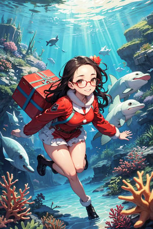 best quality,  masterpiece,  ultra high res, 
 BREAK
Santa, underwater, red suit with waterproof material, white fur trim, swimming fins, carrying a waterproof sack of gifts, playful expression, bubbles around
BREAK
coral reef, colorful fish, clear blue water, sunbeams penetrating the water, sea turtles, schools of fish, vibrant sea plants, underwater wonderland
BREAK
curious dolphins, hidden treasure chest, ancient shipwreck, playful sealife, magical aura, serene ocean depths, highres, ultra detailed, beautiful, masterpiece, best quality

 BREAK
 brown_eyes,  black_hair,  straight hair,  lips,  (forehead:1.3),  cute,  medium breasts,  plump,  petite,  loli,  glasses,            
,  closed mouth,  convergent strabismus,  bashful,  shy,  blushing,  smile,(fullbody:1.5)