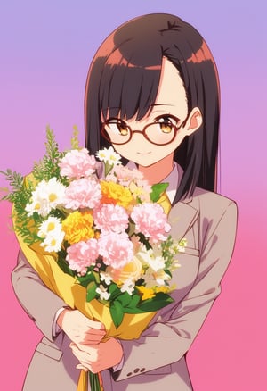 (retro anime:1.5)
best quality, masterpiece, ultra high res, RAW photo
1girl, (suit:1.3), brown_eyes, black_hair, straight hair, lips, (forehead:1.3), cute, medium breasts, , petite, , glasses,                   
, closed mouth, convergent strabismus, bashful, shy, blushing, smile


BREAK
morning, Cheerfully greeting everyone, colourful background, Model shooting style

BREAK
(holding a bouquet of flower, :1.3)
(anime:1.5)(High-contrast)
nanase_aoi