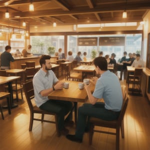 A cozy coffee shop interior, warm lighting, wooden tables, patrons sipping coffee, soft chatter, a barista pouring espresso, a window view with passersby.