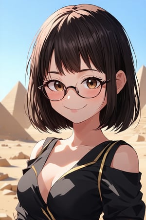 best quality, masterpiece, ultra high res, RAW photo
brown_eyes,  straight hair,  (forehead:1.3), cute, medium breasts, plump, petite, loli, glasses,              
, closed mouth, convergent strabismus, bashful, shy, blushing, smile


BREAK
((6 year old girl:1.5)), ((flat chest, toddler:1.4 )) 1 girl, petite girl, child body, beautiful shiny body, petite, beautiful girl with great detail, detailed face, bangs, ((dark brown hair:1.3)), ((very short hair:1.4)), high eyes, (aquamarine eyes), tall eyes, beautiful delicate eyes, beautiful eyes, ((slanted, anime eyes, big eyes, droopy eyes:1.2)), ((Bastet inspired outfit:1.4)) ((Egypt, pyramids)) dark skin, natural light, ((random expressions)), random angles, ((realism:1.2 )),Dynamic long shot,Cinematic lighting,Perfect composition,By sumic.mic,Ultra detailed,Official art,Masterpiece,(Best quality:1.3),Reflection,Highly detailed CG unity 8k wallpaper,Detailed background,Masterpiece,Best quality,(Masterpiece),(Best quality:1.4),(Super resolution:1.2),(Hyperrealistic:1.4),(Photorealistic:1.2),Best quality,High quality,High resolution,Details enhanced,Details,