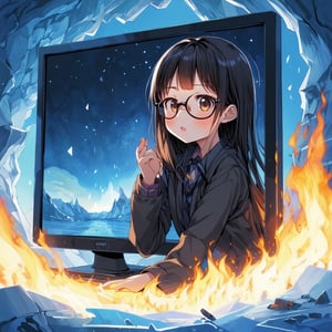  best quality, masterpiece,
1girl,brown_eyes,  straight hair, forehead, cute, ,  petite, glasses,              
 closed mouth, convergent strabismus, bashful, shy, blushing,

An ice cave, a frozen world, an abandoned cathode ray tube monitor, and a warm bonfire reflected on the monitor.
