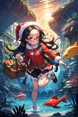 best quality,  masterpiece,  ultra high res, 
 BREAK
Santa, underwater, red suit with waterproof material, white fur trim, swimming fins, carrying a waterproof sack of gifts, playful expression, bubbles around
BREAK
coral reef, colorful fish, clear blue water, sunbeams penetrating the water, sea turtles, schools of fish, vibrant sea plants, underwater wonderland
BREAK
curious dolphins, hidden treasure chest, ancient shipwreck, playful sealife, magical aura, serene ocean depths, highres, ultra detailed, beautiful, masterpiece, best quality

 BREAK
 brown_eyes,  black_hair,  straight hair,  lips,  (forehead:1.3),  cute,  medium breasts,  plump,  petite,  loli,  glasses,            
,  closed mouth,  convergent strabismus,  bashful,  shy,  blushing,  smile,(fullbody:1.5)