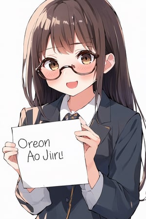 A girl holding sign "oreon ao jiru", muted colors

best quality, masterpiece, 1girl,brown_eyes, straight hair, forehead, cute, , petite, glasses, closed mouth, convergent strabismus, bashful, shy, blushing,