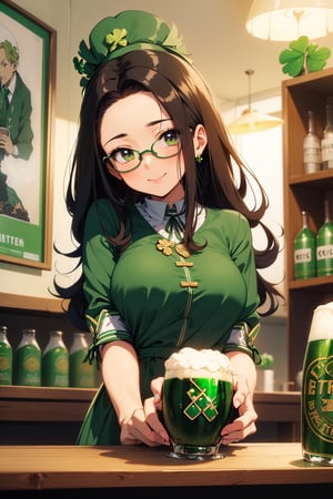 (retro anime:1.5)
best quality, masterpiece, ultra high res, RAW photo
1girl, brown_eyes, black_hair, straight hair, lips, (forehead:1.3), cute, medium breasts, petite, loli, glasses,                   
, closed mouth, convergent strabismus, bashful, shy, blushing, smile


BREAK
(St. Patrick's Day:1.5)
(celts:1.5), (green beer:1.5),