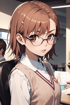 blond hair, short cut, glasses, 14 years old, school uniform.

,misaka_mikoto,1girl hairclip,tokiwadai school uniform