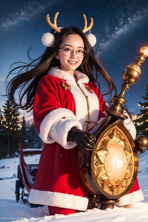 (absurdres,  highres,  ultra detailed),  (1girl:1.3),  (beautiful and aesthetic:1.3),  brown_eyes,  black_hair,  straight hair,  ,  (forehead:1.3),  glasses,  smile, 
BREAK
1 Santa Claus, (mighty throw:1.2), (festive attire:1.1), white beard flowing, red suit, determined expression, gripping Gungnir's spear, poised on the sleigh
BREAK
starlit night sky, (divine glow:1.3), twinkling stars, snow-covered landscape below, reindeer-guided sleigh, anticipation in the air, mythic moment, epic atmosphere, absurdres, ultra detailed, beautiful, best quality