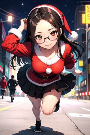 best quality,  masterpiece,  ultra high res, 
 BREAK
(santa:1.3)
(Running:1.5) tokyo city,



 BREAK
 brown_eyes,  black_hair,  straight hair,  lips,  (forehead:1.3),  cute,  medium breasts,  plump,  petite,  loli,  glasses,            
,  closed mouth,  convergent strabismus,  bashful,  shy,  blushing,  smile,(fullbody:1.5)