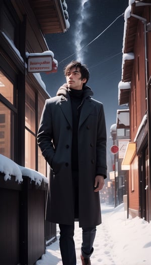 A man, wearing a coat, in the autumn, in a sad city, looking up at the sky as snow is falling.