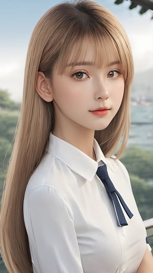 portlate、School Uniforms、bright expression、poneyTail、Young shiny shiny white shiny skin、Best Looks、Natural blonde hair with dazzling highlights、shiny light hair,、Super long silky straight hair、Beautiful bangs that shine、Glowing crystal clear attractive big blue eyes、Very beautiful nice cute 16 year old girl、Lush bust