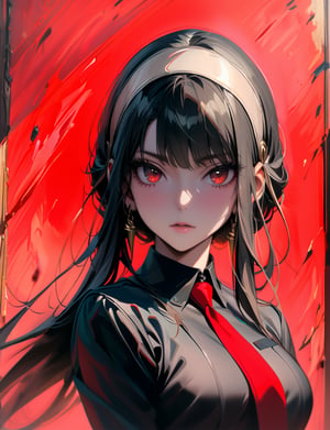 (masterpiece:1.3),best quality,official art,(beautiful and aesthetic:1.3),1girl,solo,official art,(oil painting style:1.2),Yor Forger from , black long hair,straight bangs, (symmetrical bangs:1.2), beige hairband, curled hair ends, red eyes, black suit, red tie, gold earrings,killing intent, half-body shot, turn around,depth of field, light red background,portrait,aesthetic