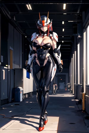 (1GIRL, SOLO), (super detailed face, red_libs, dark_hair), (Phoenix helm:1.2), (BIG BUTTOCKS, MUSCLE ABS, HUGE BOOBS:1.5), (MECHA GUARD ARM:1.3), (RED MECHA CYBER SHINY ARMORED SUIT, CLEAVAGE, BLACK MECHA SKINTIGHT SUIT PANTS, MECHA GUARD ARMOR LEGS, MECHA HIGH HEELS:1.5), (MUSCULAR BODY, SEXY LONG LEGS, HALF BODY:1), (LOOKING AT VIEWER:1.3), (WALKING DOWN HALLWAY OF FUTURISTIC SPACE STATION:1), (BRIGHT LIGHTING:1.3), PHYSICALLY-BASED RENDERING, ULTRA HIGHT DEFINITION, 16K, 1080P.