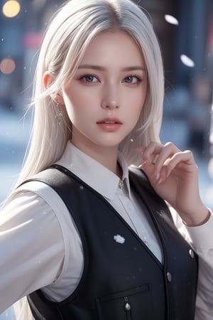Photorealistic, high resolution, 1womanl, Solo,Snow background, looking to the camera, (Detailed face), White hair, SWAT vests, Gun, jewelry,Fingers are occluded