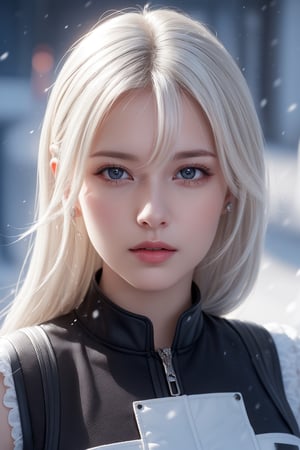 Photorealistic, high resolution, 1womanl, Solo,Snow background, looking to the camera, (Detailed face), White hair, SWAT vests, Gun, jewelry,Fingers are occluded