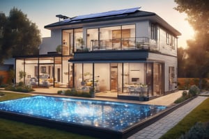 Hyper-realistic Smart House, typical house architecture, many details, classic North American, with transparencies indicating where the intelligent services facilities are, infographic style, ultra-realism, with futuristic calls and lines, with many realistic and intricate details, with solar panels, modern ventilation, smart home, solar panel, water softner, water heater, master flow, professional water filtration, hd, 32K, cinematic lights, 