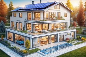 Hyper-realistic Smart House, typical house architecture, many details, classic North American, with transparencies indicating where the intelligent services facilities are, infographic style, ultra-realism, with futuristic calls and lines, with many realistic and intricate details, with solar panels, modern ventilation, smart home, solar panel, water softner, water heater, master flow, professional water filtration, hd, 32K, cinematic lights, 