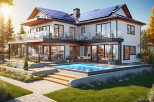 Hyper-realistic Smart House, typical house architecture, many details, classic North American, with transparencies indicating where the intelligent services facilities are, infographic style, ultra-realism, with futuristic calls and lines, with many realistic and intricate details, with solar panels, modern ventilation, smart home, solar panel, water softner, water heater, master flow, professional water filtration, hd, 32K, cinematic lights, 