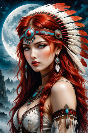 A beautiful red haired girl with a native American chief headdress. Luis Royo bookmark of surrealistic dreams, magic, watercolor, ink, acrylic, double exposure, futuristic, fantasy, great detail, mid-night, moon, fog, gothic gloom, art on a cracked paper, storybook detailed illustration, cinematic, ultra highly detailed, tiny details, beautiful details, mystical, luminism, vibrant colors