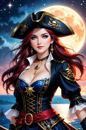 high quality, super realistic, pirate hat, a 20-year-old Pirate Maiden with a celestial beauty rivaling the stars, Picture her poised at the helm of a grand pirate ship, her silhouette defined against the shimmering night sky of a crimson moon, The vessel itself is a maritime masterpiece, adorned with intricate carvings, polished brass embellishments, and an array of mystical symbols, The Scarlet Moonlit Pirate dons a resplendent ensemble blending midnight blues with silvery hues, adorned with delicate lace and glistening gemstones, A star-like pendant gracefully hangs around her neck, emphasizing her bewitching aura, by yukisakura, high detailed,
