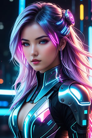 high quality, 8K Ultra HD, full body, have a cyber saber, a mesmerizing 20-year-old woman with a futuristic beauty that seems to transcend time and space, intricately woven into her very being, encased in the cybernetic suit, move with fluidity and precision, Her flowing hair resembles streams of neon lights, casting a vibrant glow that adds a touch of cyberpunk brilliance to her appearance, Each strand of hair is meticulously crafted with holographic patterns that shimmer and shift, creating an ever-changing display of colors, by yukisakura, highly detailed,

